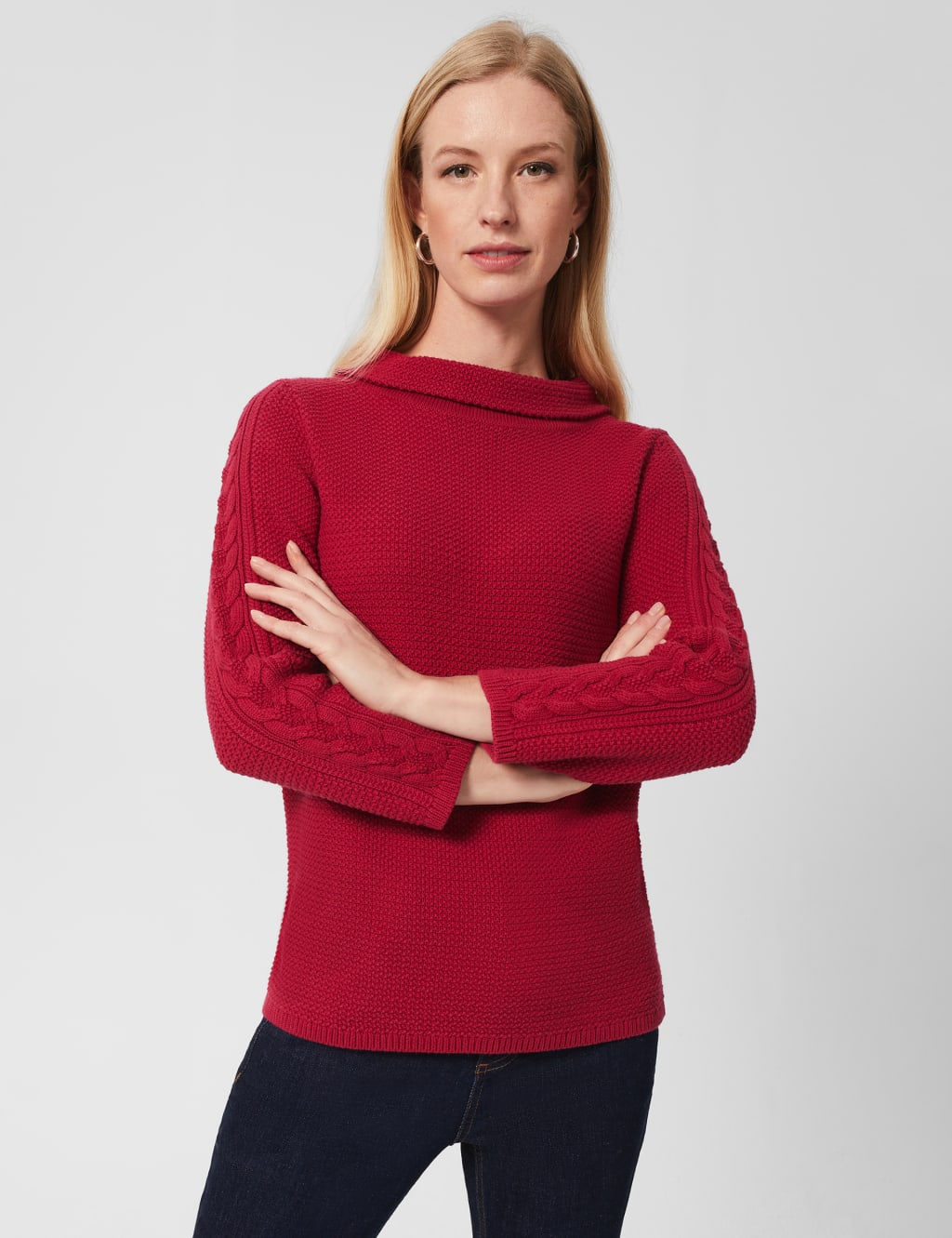Pure Cotton Cable Knit Funnel Neck Jumper image 1