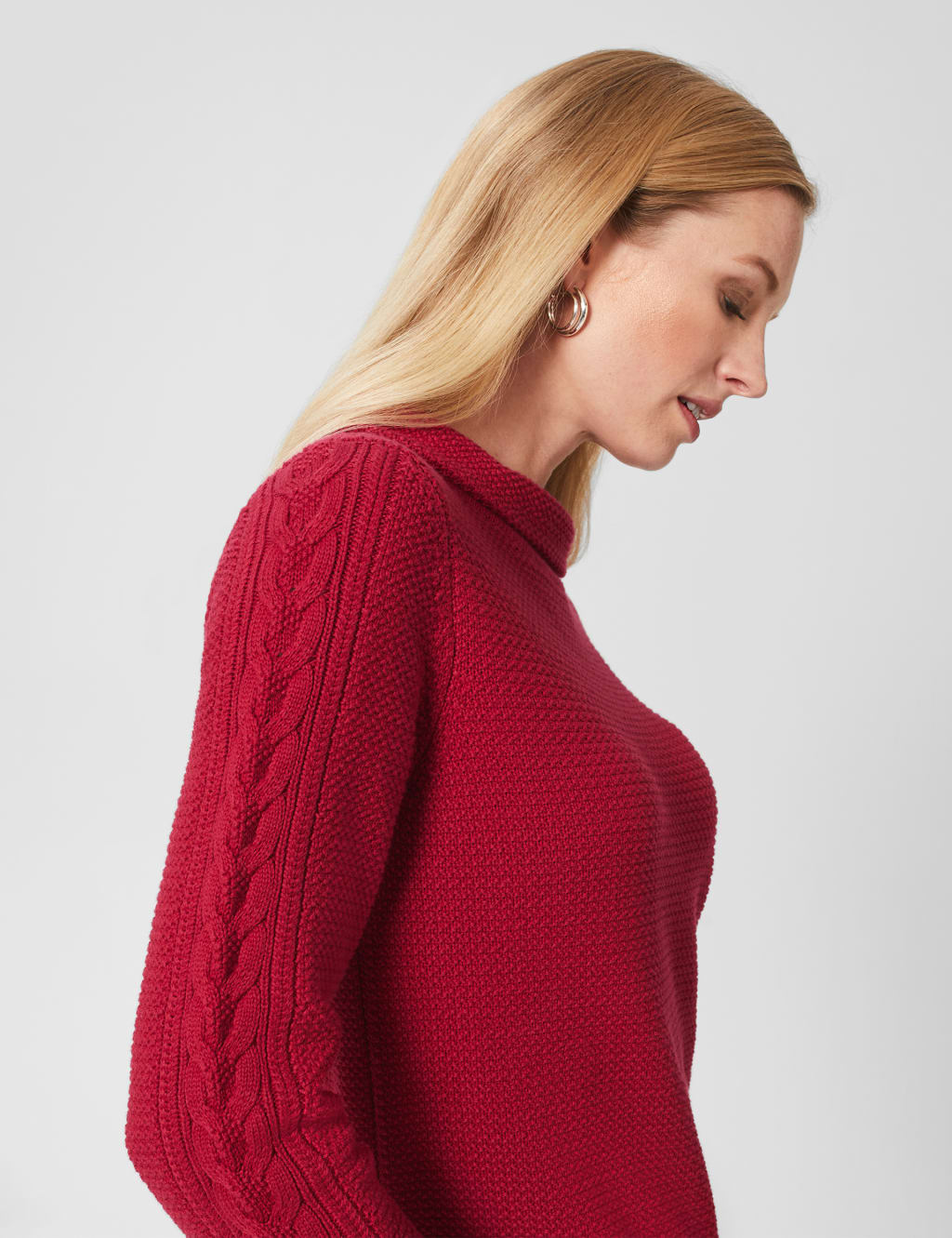 Pure Cotton Cable Knit Funnel Neck Jumper image 2