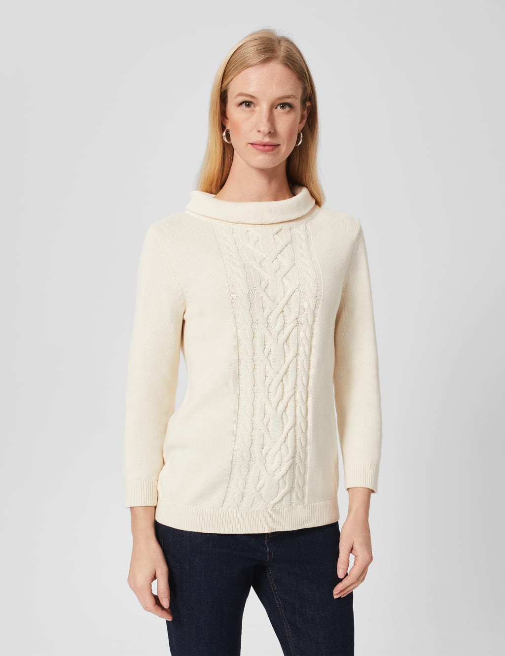 Pure Cotton Cable Knit Funnel Neck Jumper image 1