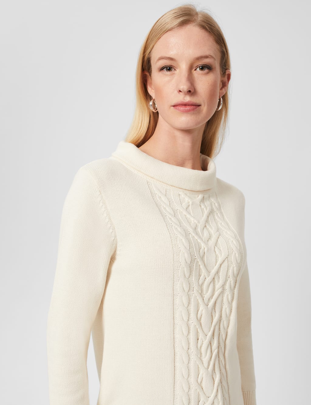 Pure Cotton Cable Knit Funnel Neck Jumper image 3