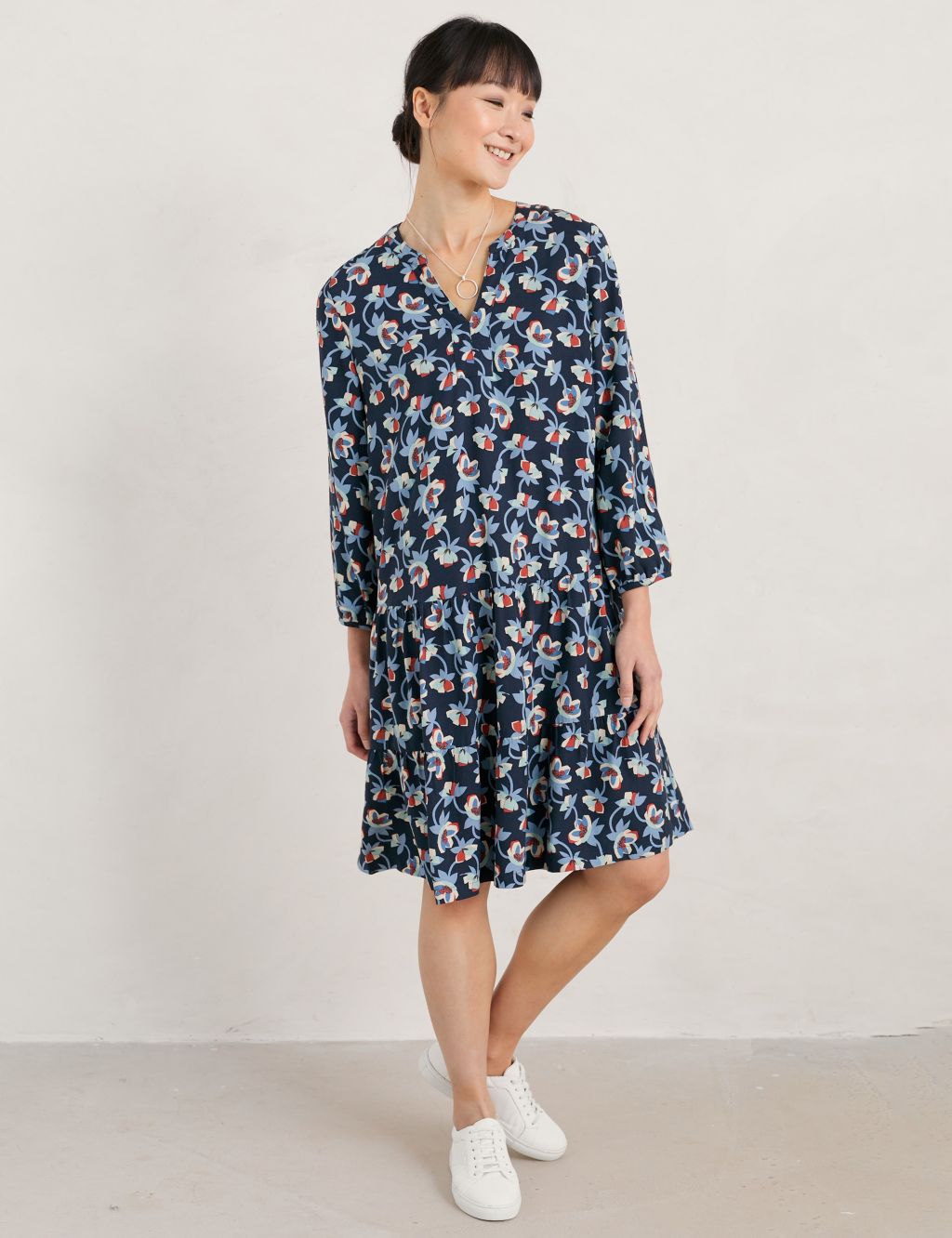 Floral Notch Neck Smock Dress with Linen image 2