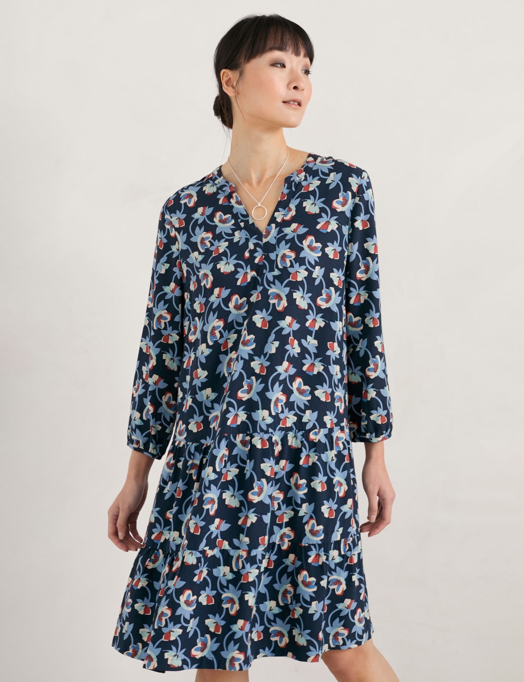 Floral Notch Neck Smock Dress with Linen image 3