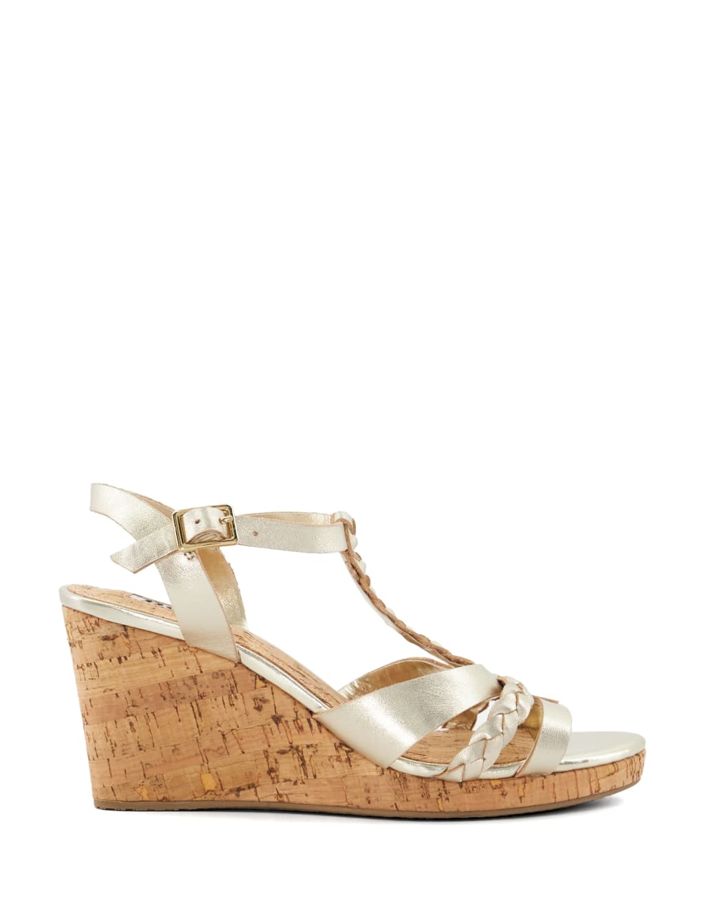 Leather Metallic T-Bar Wedge Sandals