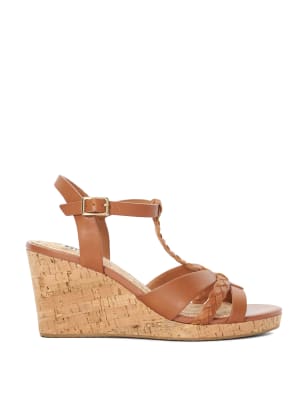 Dune London Women's Leather Metallic T-Bar Wedge Sandals - 4 - Tan, Tan,Gold