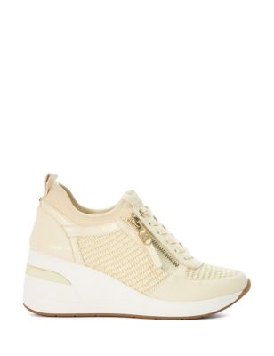 Dune London Womens Leather Wedge Suede Panel Trainers - 3 - Natural, Natural,White