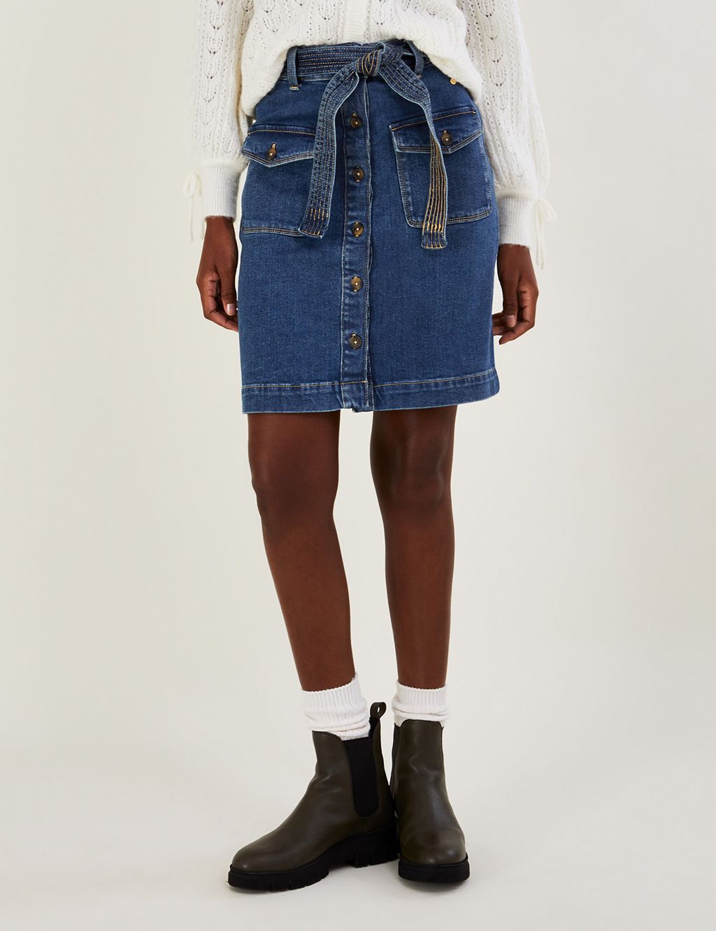 Denim Belted Button Front Knee Length Skirt image 1