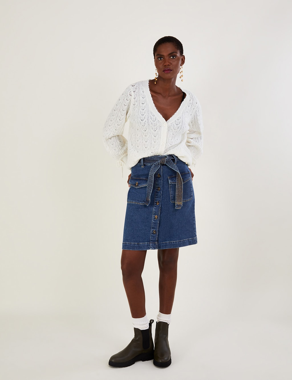 Denim Belted Button Front Knee Length Skirt image 2