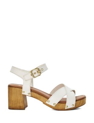 Dune London Womens Leather Ankle Strap Block Heel Sandals - 8 - White, White,Tan