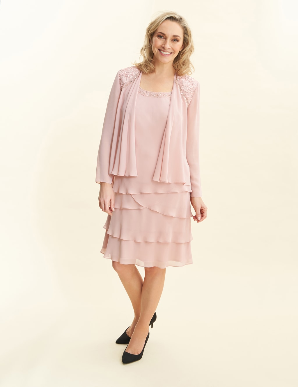 Chiffon Embellished Shift Dress with Jacket image 3