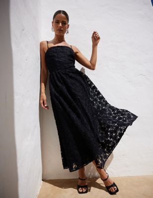 Ro&Zo Women's Embellished Square Neck Midi Waisted Dress - 12REG - Black, Black