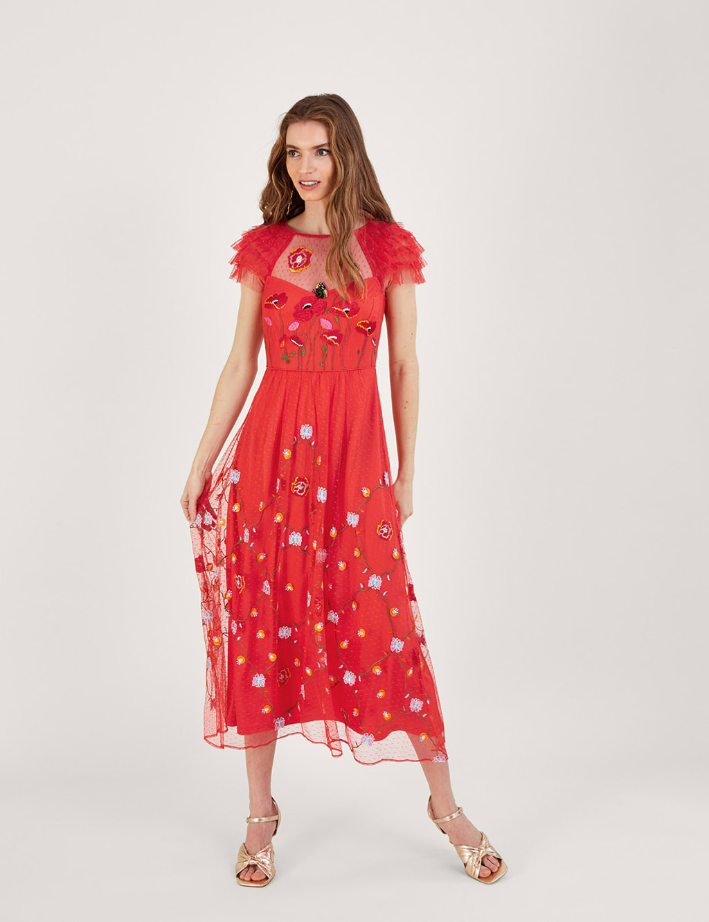 Embroidered Slash Neck Midi Waisted Dress image 1