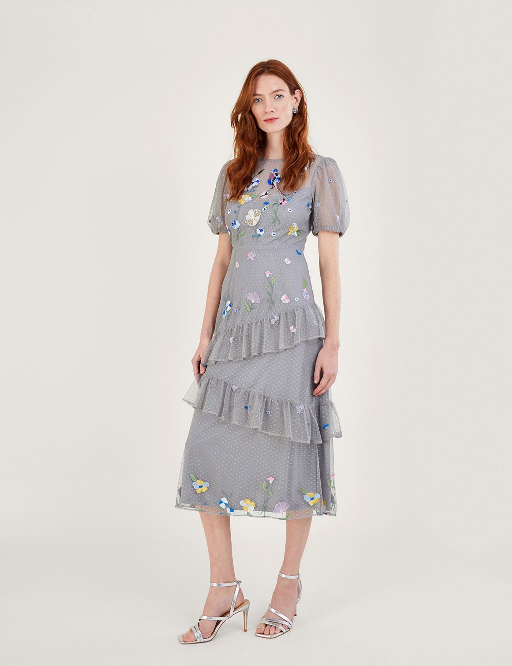 Embroidered Round Neck Midi Tiered Dress image 1