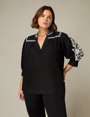Live Unlimited London Womens Embroidered Relaxed Blouse - 16 - Black Mix, Black Mix