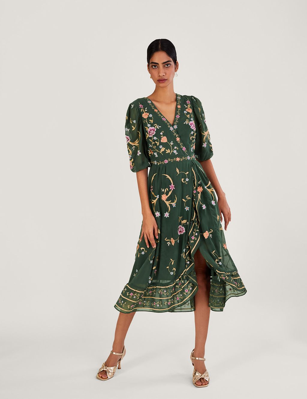 Embroidered Blouson Sleeve Midi Wrap Dress image 1