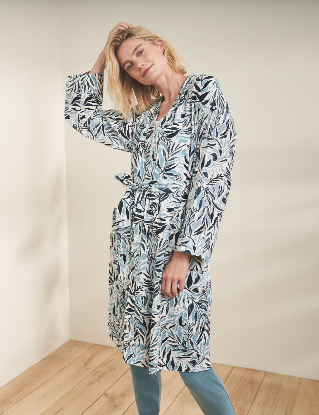 Pure Cotton Waffle Leaf Print Dressing Gown