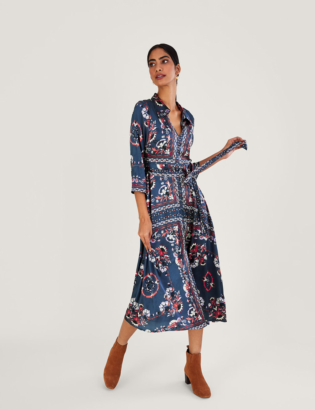 Printed V-Neck Tie Waist Midaxi Shirt Dress image 1