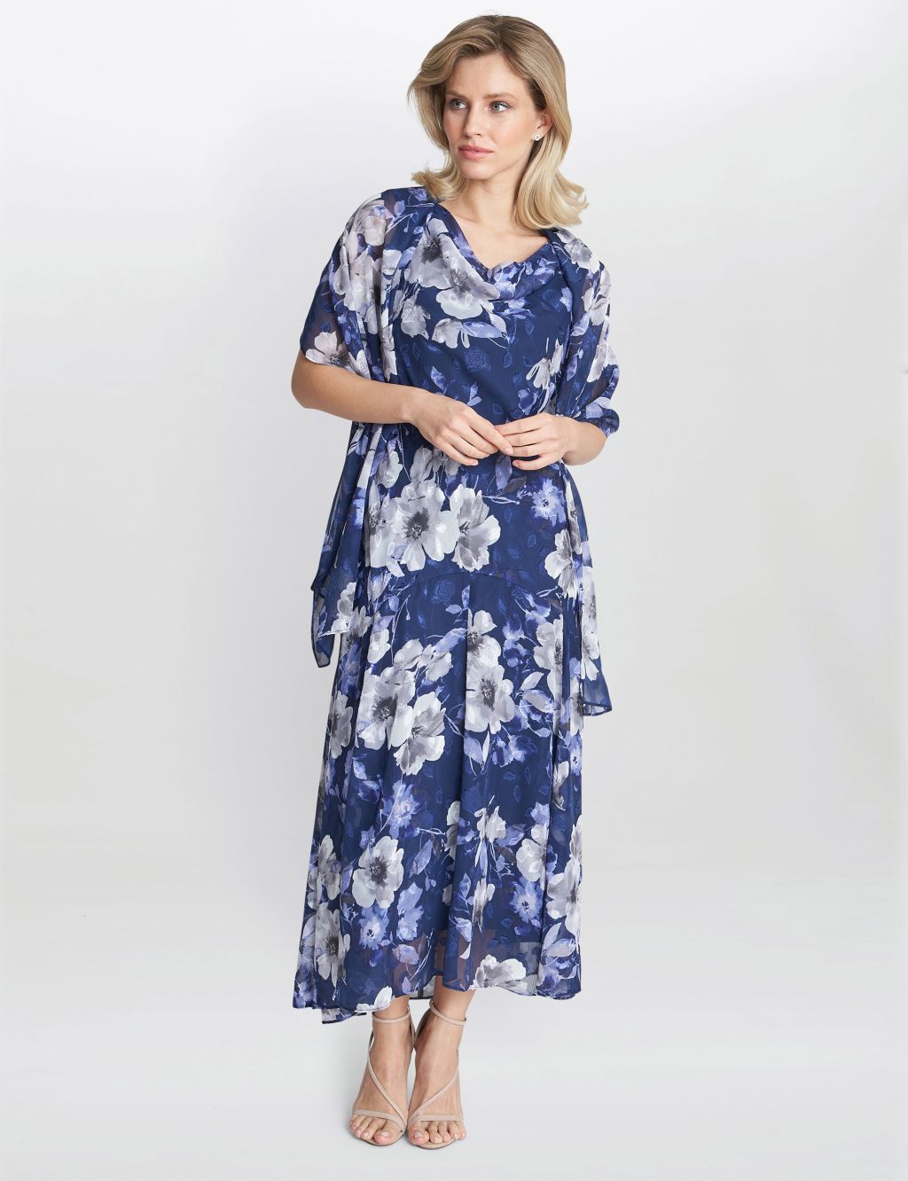 Floral Cowl Neck Maxi Swing Dress with Shawl image 1
