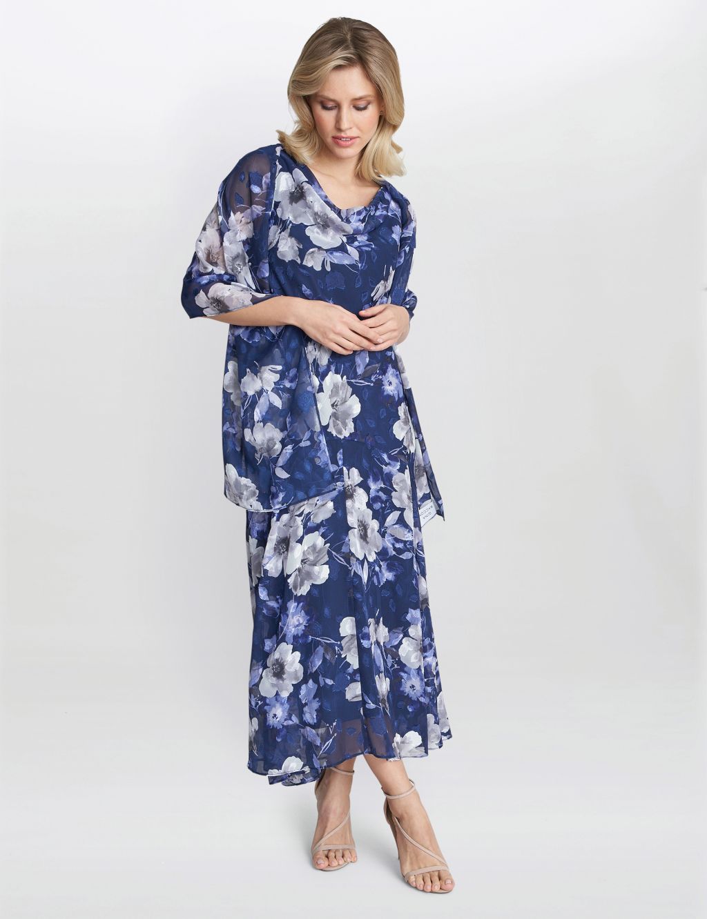 Floral Cowl Neck Maxi Swing Dress with Shawl image 2