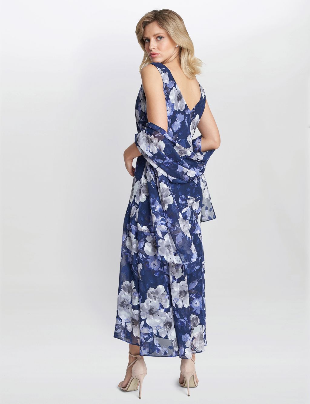 Floral Cowl Neck Maxi Swing Dress with Shawl image 3