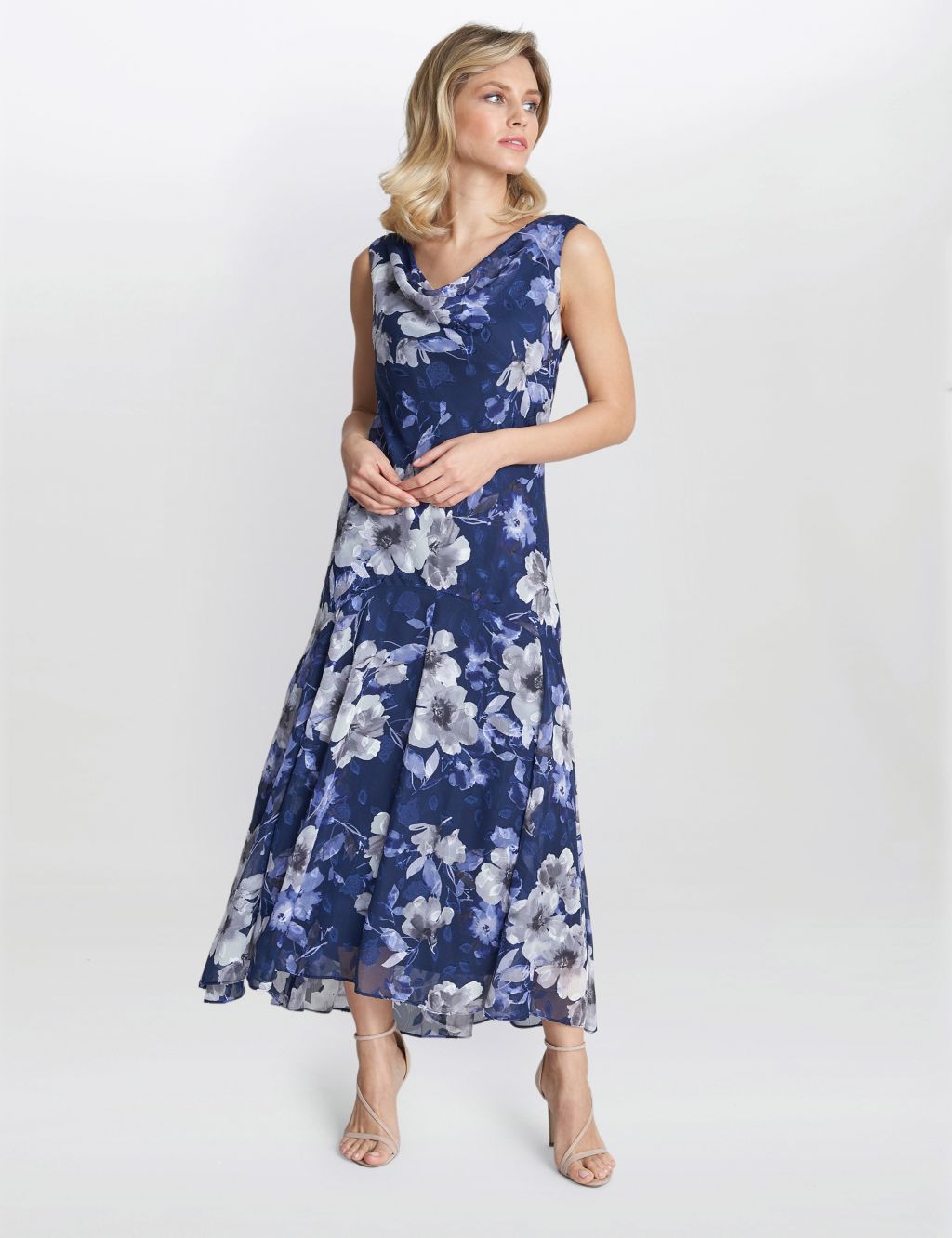 Floral Cowl Neck Maxi Swing Dress with Shawl image 4