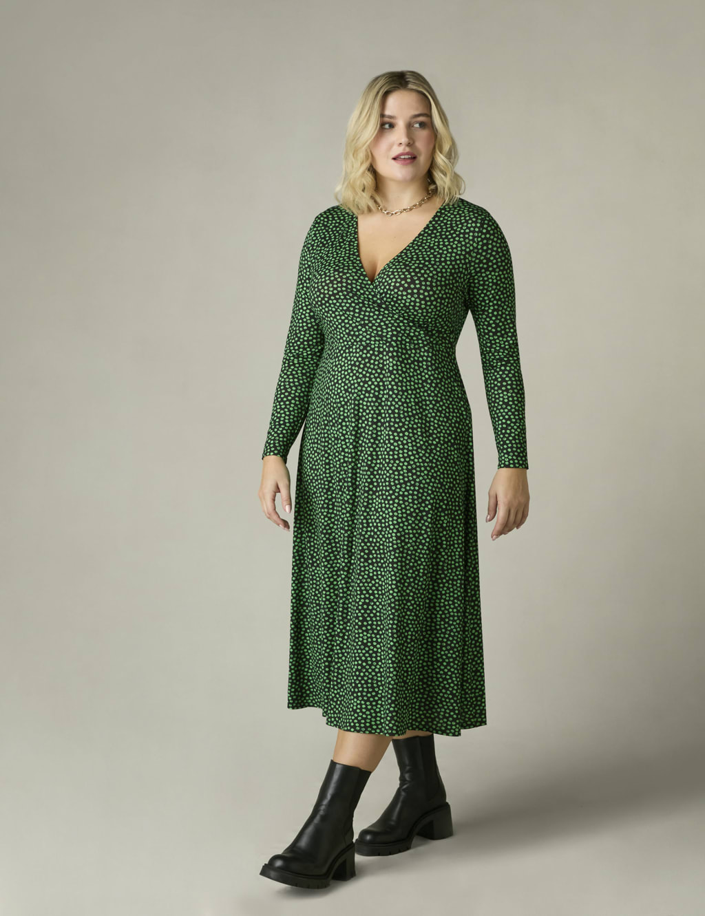 Jersey Polka Dot V-Neck Midi Wrap Dress