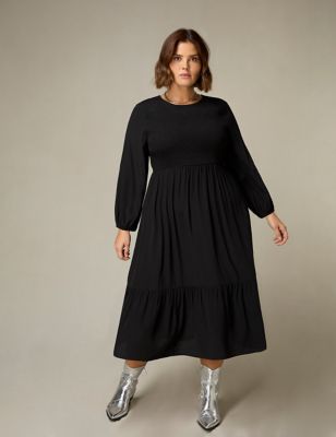 Live Unlimited London Women's Round Neck Shirred Midi Tiered Dress - 12 - Black, Black