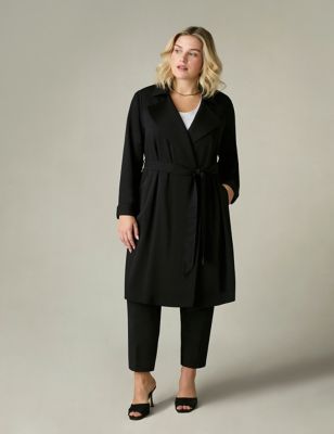 Live Unlimited London Women's Belted Revere Collar Relaxed Tailored Coat - 22 - Black, Black
