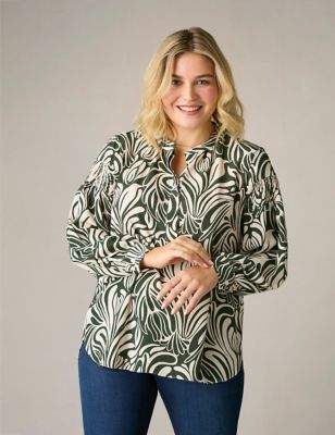 Live Unlimited London Women's Printed Shirred Blouse - 28 - Green Mix, Green Mix