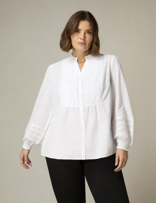 Live Unlimited London Womens Pure Cotton Notch Neck Pintuck Blouse - 14 - White, White