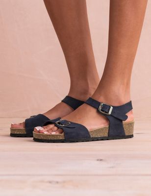 Celtic & Co Womens Suede Ankle Strap Flat Sandals - 36 - Navy, Navy,Camel