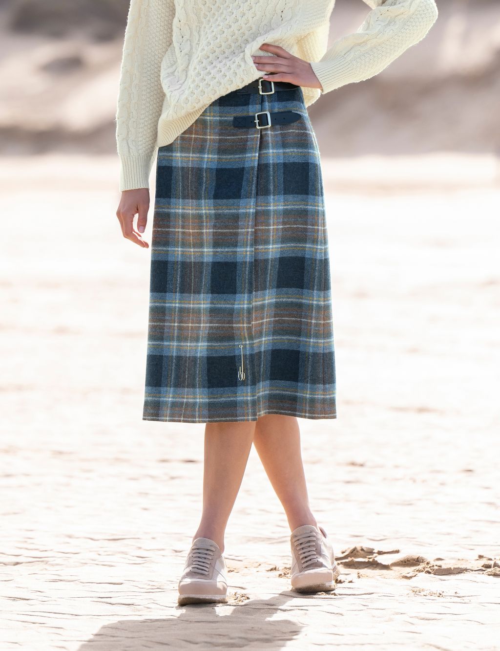 Pure Wool Checked Midi A-Line Skirt