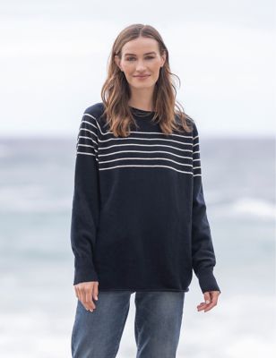 Celtic & Co. Womens Pure Wool Striped Crew Neck Jumper - Navy Mix, Navy Mix