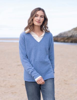 Celtic & Co. Womens Pure Wool V-Neck Jumper - XS - Blue, Blue