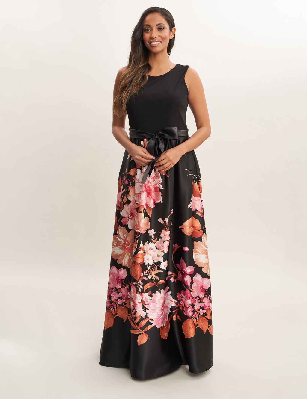 Satin and Jersey Floral Maxi Waisted Dress image 1