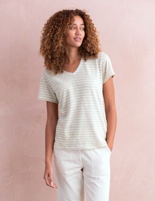 Celtic & Co. Women's Pure Cotton Striped V-Neck T-Shirt - 12 - Ecru, Ecru