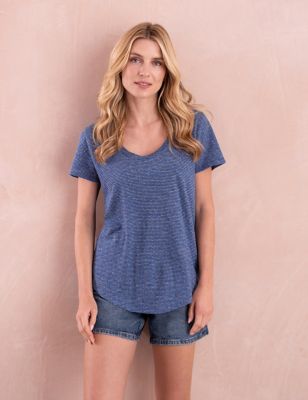 Celtic & Co. Women's Linen Blend Striped Scoop Neck T-Shirt - 8 - Blue Mix, Blue Mix