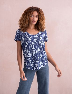 Celtic & Co. Womens Linen Blend Floral Scoop Neck T-Shirt - 10 - Blue Mix, Blue Mix
