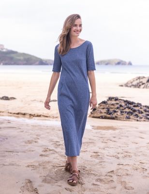 Celtic & Co. Women's Linen Blend Striped Midi T-Shirt Dress - 8 - Blue Mix, Blue Mix