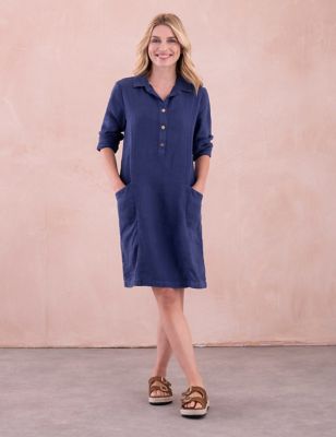 Celtic & Co. Womens Pure Linen Button Front Shirt Dress - 8 - Blue, Blue