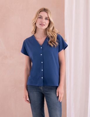 Celtic & Co. Womens Pure Cotton Button Through Blouse - 8 - Blue, Blue