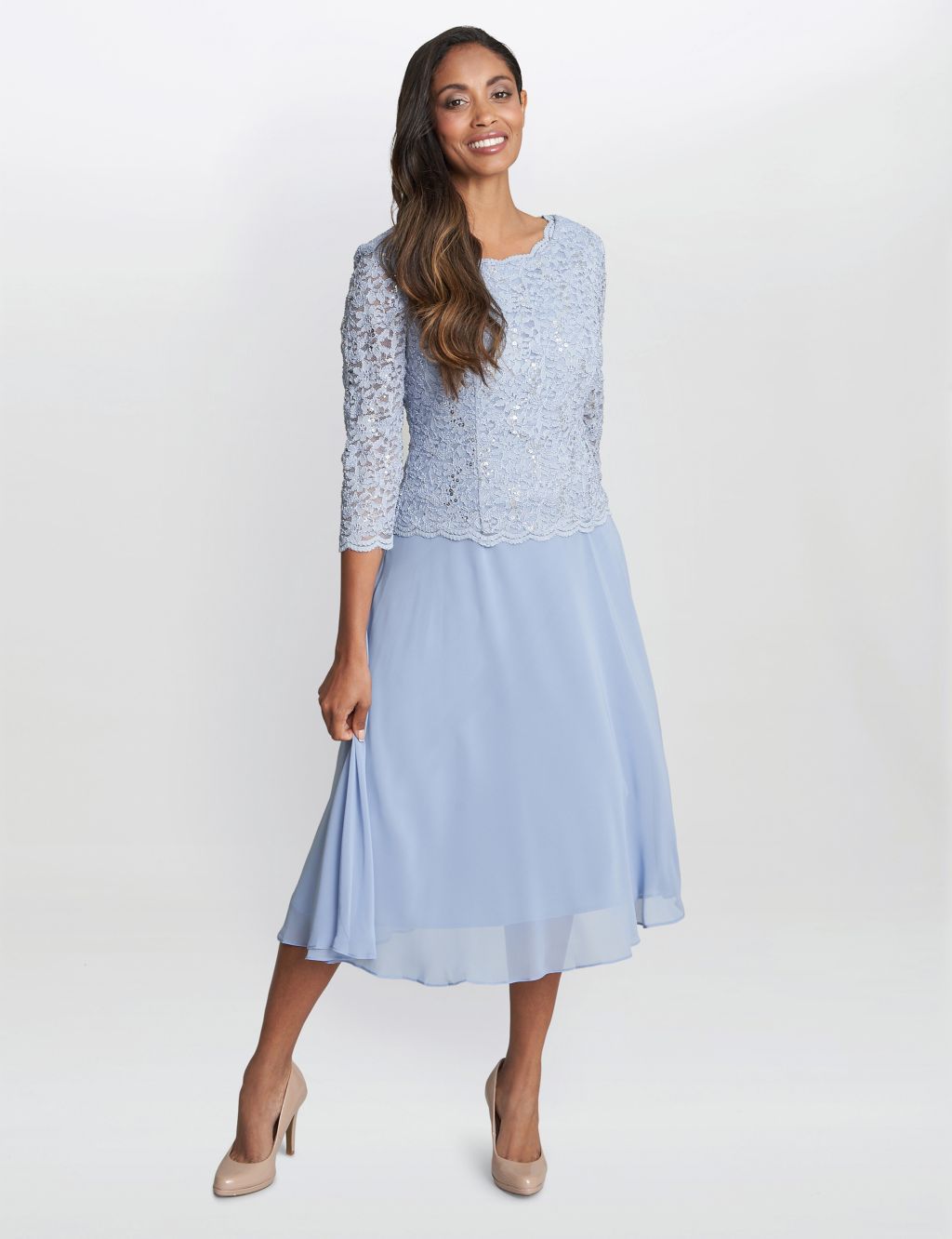 Embroidered Lace Round Neck Midi Swing Dress image 1