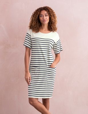 Celtic & Co. Womens Jersey Striped Knee Length T-Shirt Dress - 10 - Cream Mix, Cream Mix