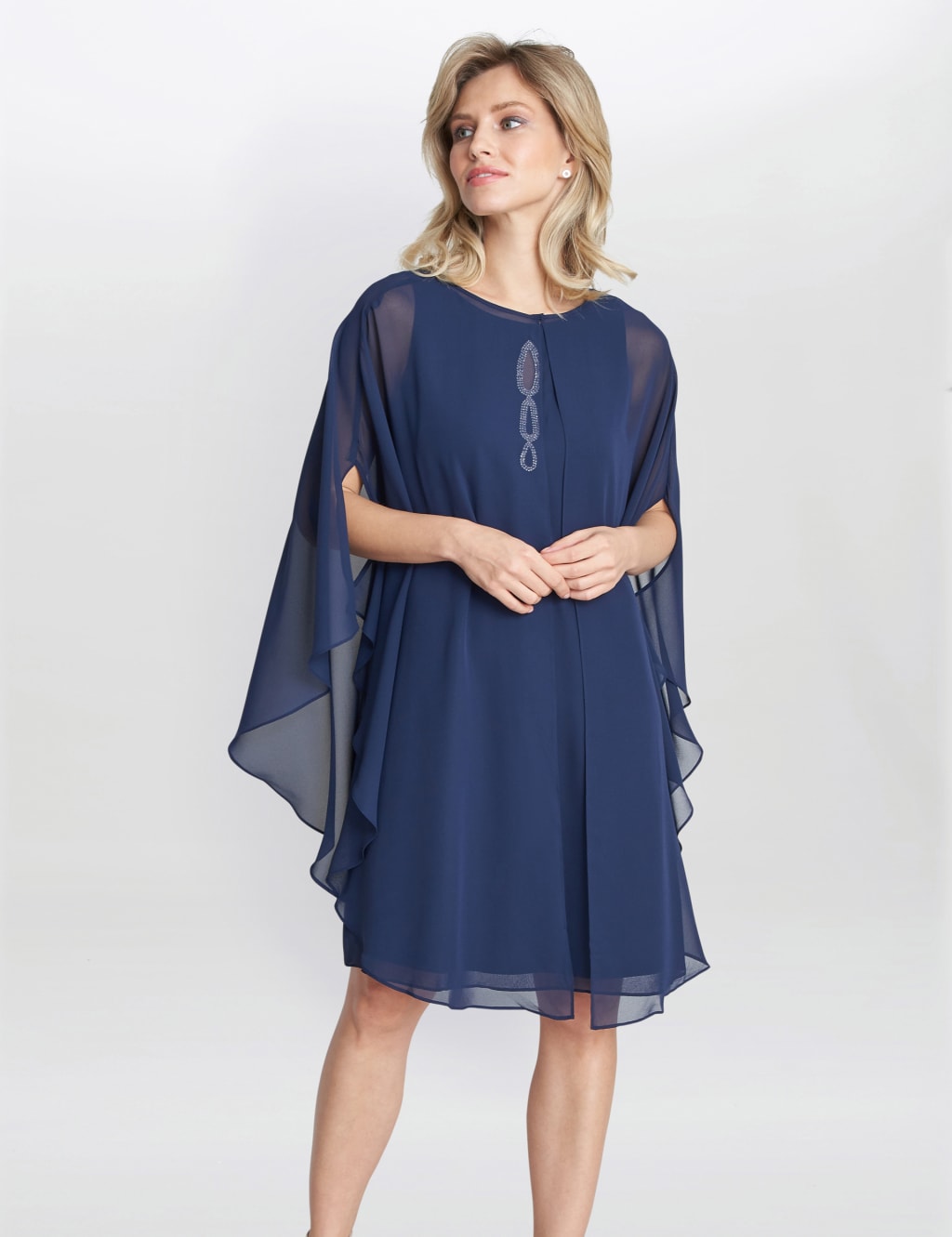 Chiffon Embellished Shift Dress with Cape image 1