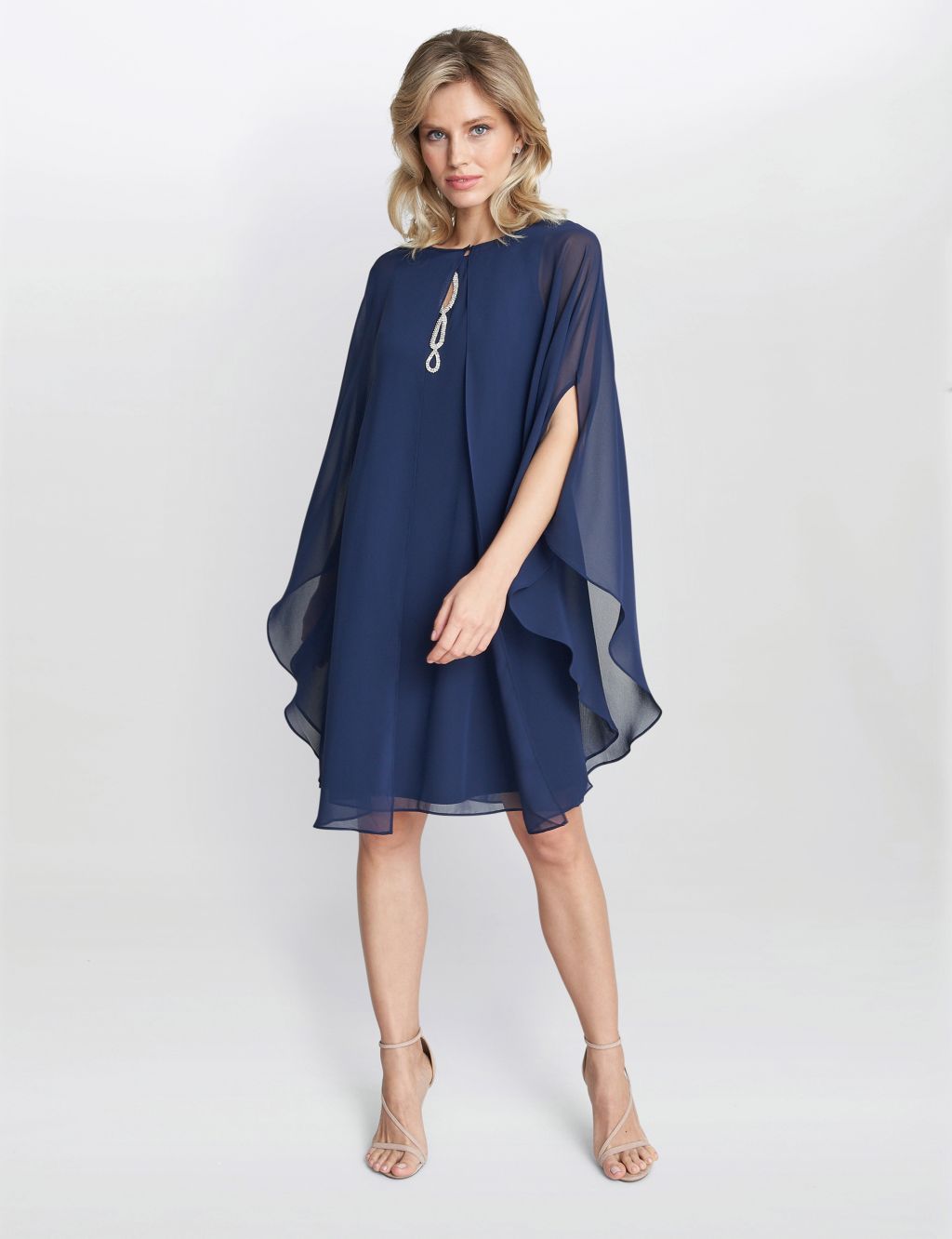 Chiffon Embellished Shift Dress with Cape image 3
