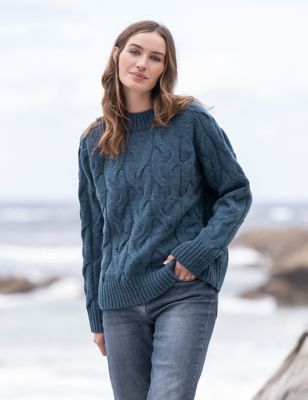 Celtic & Co. Womens Pure Wool Cable Knit Relaxed Jumper - XS - Indigo, Indigo