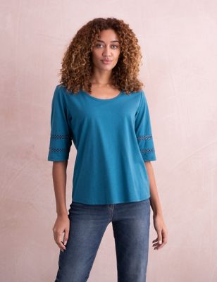 Celtic & Co. Women's Pure Cotton Lace Insert Scoop Neck Top - 12 - Teal, Teal,Red