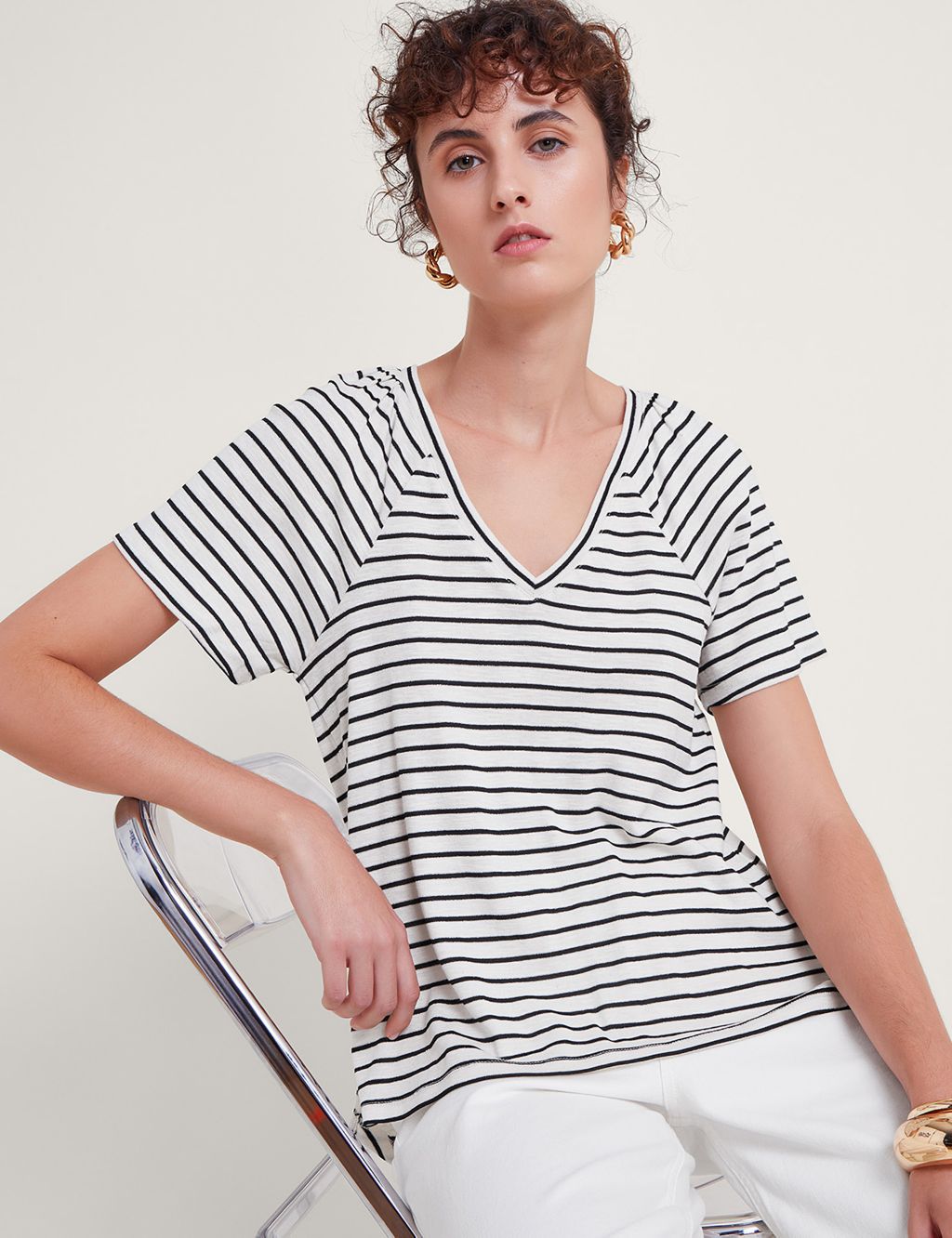 Cotton Rich Striped V-Neck T-Shirt