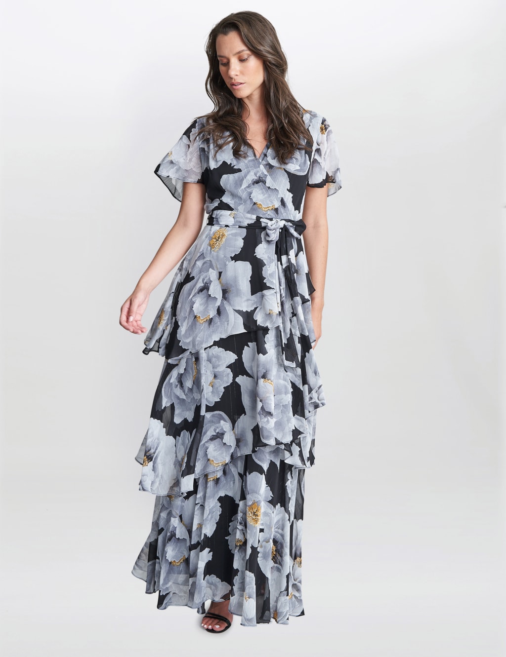 Chiffon Floral V-Neck Maxi Tiered Wrap Dress image 1
