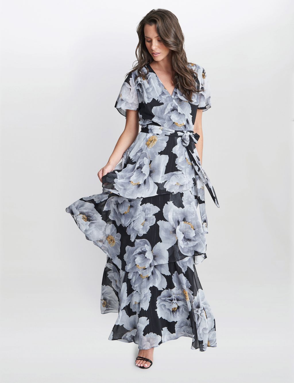 Chiffon Floral V-Neck Maxi Tiered Wrap Dress image 5