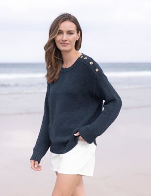 Celtic & Co. Women's Cotton Rich Textured Relaxed Jumper - XS - Navy, Navy